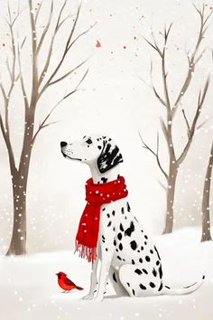 a dalmatian dog sitting in the snow with a red scarf around its neck