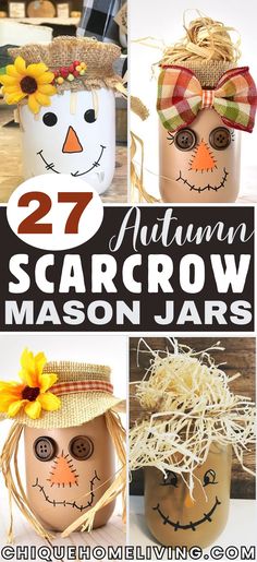 mason jar crafts with pumpkins, scarecrow faces and sunflowers on them