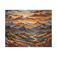 a painting of mountains and trees with the sun setting in the sky above them,