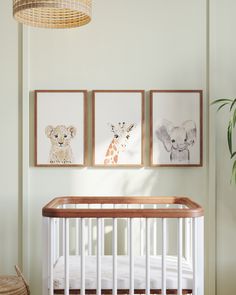 a baby's room with three framed pictures on the wall and a crib