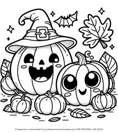 halloween pumpkins with faces and leaves coloring page