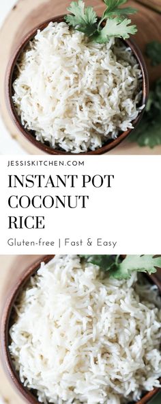 instant pot coconut rice in a wooden bowl with parsley on top and text overlay that reads instant pot coconut rice glutenfrie / fast & easy