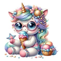 a cute little unicorn eating an ice cream cone