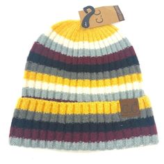 C&C Knit Beanie In The Striped Color Black, Grey, Yellow, Maroon. Nwt 100% Acrylic Imported Hand Wash Only Style #Hat-7013 From Smoke Free, Pet Friendly Home Cc Hats, Pastel Knits, Fur Pom Pom Beanie, Chunky Beanie, Messy Bun Beanie, Chunky Hat, Pom Pom Beanie Hat, Pink Beanies, Wide Brim Sun Hat