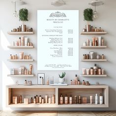 a wall with shelves filled with lots of different types of products on top of it