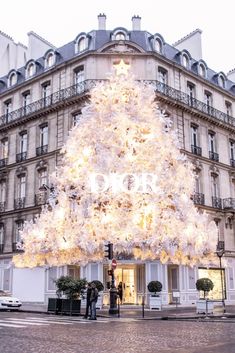 a large white christmas tree sitting in front of a tall building