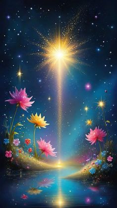 an artistic painting with flowers and stars in the sky