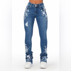 A Trendy Pair Of Super Stacked Streetwear Jeans For Women In Medium Wash . Designed With Premium Stretch Fabric And Custom Paint Splatter Detailing For The Perfect Pair Of Custom Jeans. Zip Fly With Button Closure 5-Pocket Build High-Waisted Silhouette Fitted Through The Hip Custom Paint Splatter Flare Leg Openings Stretch Waistband Frayed Hems Super Stacked Construction 46" Inseam Pictures Of Heart Jeans To Show Fit Rockstar Original Jeans, Heart Jeans, Stacked Jeans, Stacked Pants, Dark Blue Pants, Streetwear Jeans, Frame Denim Jeans, Custom Jeans, Diy Fashion Clothing