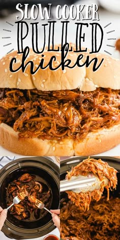 slow cooker pulled chicken in a bun with bbq sauce on the side and an open sandwich