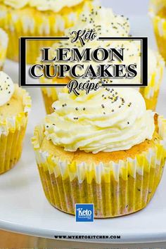 lemon cupcakes with white frosting and sprinkles on a plate