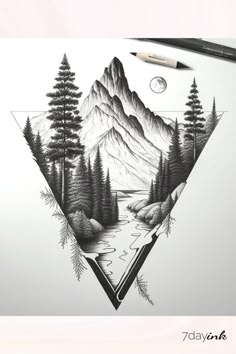 a pencil drawing of mountains and trees with a river in the middle on a piece of paper