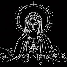 an image of the virgin mary in white on black