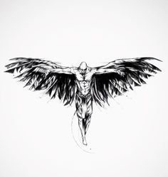 a black and white drawing of a man with wings