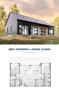 the floor plan for this modern cabin is shown in black and white, with an open floor