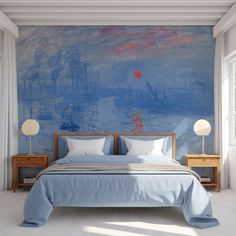 a bedroom with blue walls and white floors