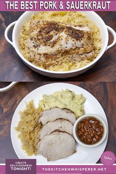 the best pork and sauerkraut is served with baked beans, mashed potatoes, and gravy