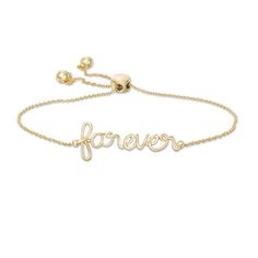 Make a sweet statement with this word art bolo bracelet. Fashioned in warm 10K gold, this sentimental design showcases the word "forever" sculpted in a lowercase cursive handwriting style across the center. Polished to a bright shine, this cable chain bracelet adjusts up to 9.5 inches in length and secures with a bolo clasp and ball ends. Handwriting Styles, Bolo Bracelet, Cursive Handwriting, Peoples Jewellers, Showcase Design, Lowercase A, 10k Gold, Bracelet Designs, Word Art