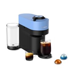 a blue and black coffee maker next to two glasses