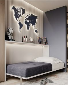 a bedroom with a bed and a world map on the wall