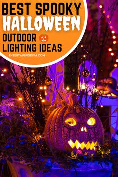 halloween decorations with the words best spooky halloween outdoor lighting ideas on it's side