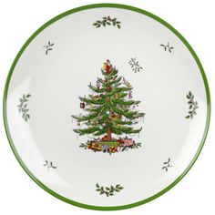 a green and white plate with a christmas tree on it