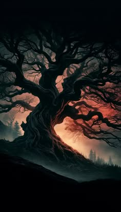 an old tree in the middle of a dark forest