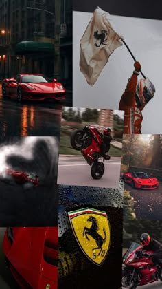 a collage of photos with cars and motorcycles