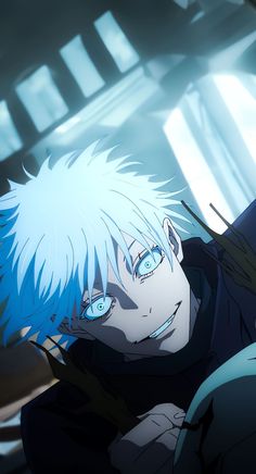 an anime character with blue hair and green eyes looking off to the side in front of a window