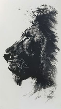 a black and white photo of a lion's head with hair blowing in the wind