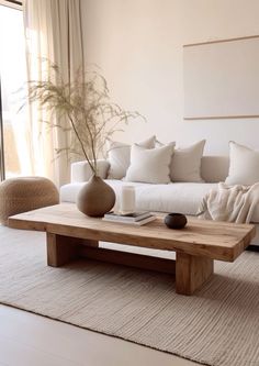 a living room with a couch, coffee table and potted plant in the corner