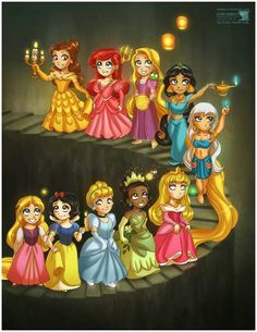 the princesses are all dressed up in their dresses and tiaras, holding candles