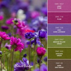 purple and green flowers are in the middle of color swatches, with different shades to choose from