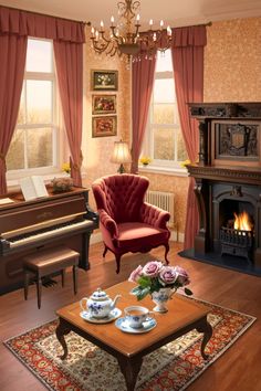 a living room filled with furniture and a piano in front of a fire place next to a window