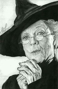 a drawing of an older woman wearing a witches hat with her hands on her chest