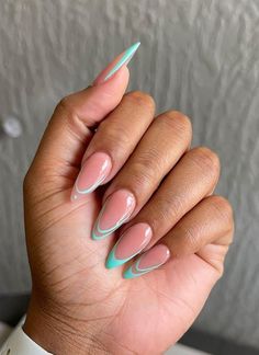 Nail Inspo Gel Tips, Nail Colour Tips, Teal Nails Design Ideas, Open French Tip Nails, Almond Shaped Pink French Tip Nails, Almond French Tip Nails Summer, Beach French Tip Nails Almond, Cute Almond Summer Nails, Summer Solstice Nails