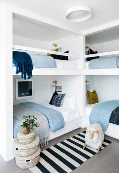 camper bunk bed sheets Built In Quadruple Bunk Beds, Beach Condo Bunk Room, 4 Bunk Beds Built Ins, Beach Bunk Beds, Bunk Bed Styling, Build In Bunk Beds, 4 Beds In One Room Ideas, Quadruple Bunk Beds, Bunk Room Ideas