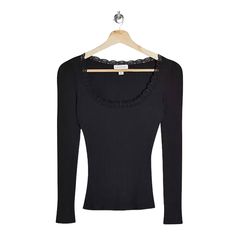 Topshop Lace Trim Long Sleeve Black Tee T-Shirt Nordstrom. Pal3400 Black Scoop Neck T-shirt For Fall, Fitted Black Top With Scoop Neck, Black Fitted Scoop Neck Top, Black Fitted Top With Scoop Neck, Black Fitted Top For Layering, Fitted Black Top For Layering, Chic Black T-shirt For Layering, Chic Black Crew Neck Top, Black Fitted Long Sleeve Top With Crew Neck