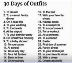 the 30 days of outfits list is shown in black and white, with text on it