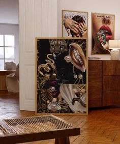 a room filled with furniture and pictures on the wall