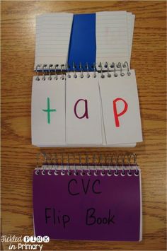 two notebooks with the words tap and flip book written on them next to each other