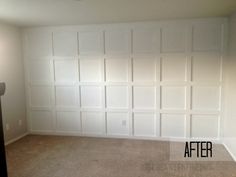 an empty room with white paneled walls and carpeting on the floor, before and after remodel