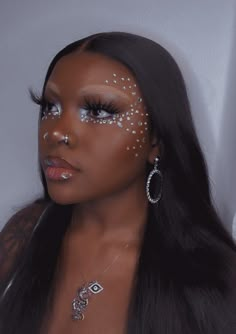 Fairy Makeup With Rhinestones, Makeup Looks Using Gems, Black Angel Makeup Looks Halloween, Fairy Makeup Looks Black Women, Angel Makeup For Halloween, Black Angel Halloween Makeup, Fairy Makeup Looks Halloween, Black Angel Makeup Halloween, Rhinestone Makeup Halloween