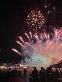 fireworks are lit up in the night sky with people looking at them and taking pictures