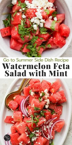 watermelon reta salad with mint and feta cheese in a white bowl