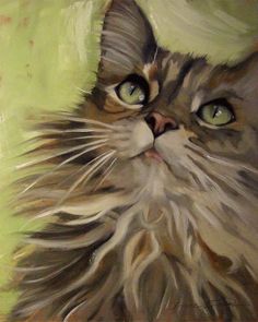 a painting of a cat with green eyes and long whiskers on it's fur