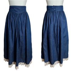 Lace Hem Denim Skirt By Gunne Sax Vintage Size 7 Gunne Sax By Jessica Mcclintock Denim Skirt With Lace Trim Hem, Zipper And Button Closure, V Front Shape Waist, Pleated Detail, Flowy And Comfortable. 100% Cotton, Made In The Usa. 80's Vintage Gunne Sax Country Skirt! Adorable Lace Trim Hem And Hidden Side Pockets! Extra Button Still Attached Measurements Approximate Laying Flat Navy, Crochet, Lace, Denim Vintage Denim Blue Skirt With Frayed Hem, Denim Skirt With Lace, Country Skirt, Denim Skirt With Lace Trim, Gunne Sax Advertisement, Skirt With Lace Trim, Navy Crochet, Jessica Mcclintock Gunne Sax Dress, Gunne Sax Dress Goth