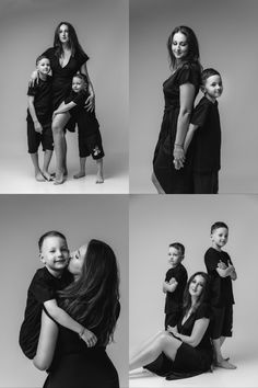 a woman and two boys are posing for pictures together, with their mother holding her son