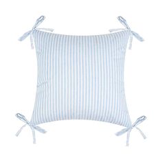 a blue and white striped pillow with ties on the front, tied up to one side