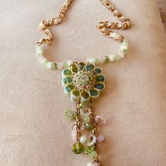 Beautiful Pastel Green & Pink Beads Necklace! Decorated With Elegant & Soft Ribbon. Brand New One Of A Kind! So Pretty & Different Elegant Green Beaded Flower Necklace, Green Flower Shaped Necklace With Beaded Chain, Green Flower Shaped Beaded Necklace, Green Flower-shaped Beaded Necklace, Faerie Party, Pink Beads Necklace, Pink Bead Necklace, Multi Coloured Necklaces, Color Necklace