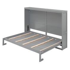 a metal bed frame with wooden slats on the bottom and side rails attached to it